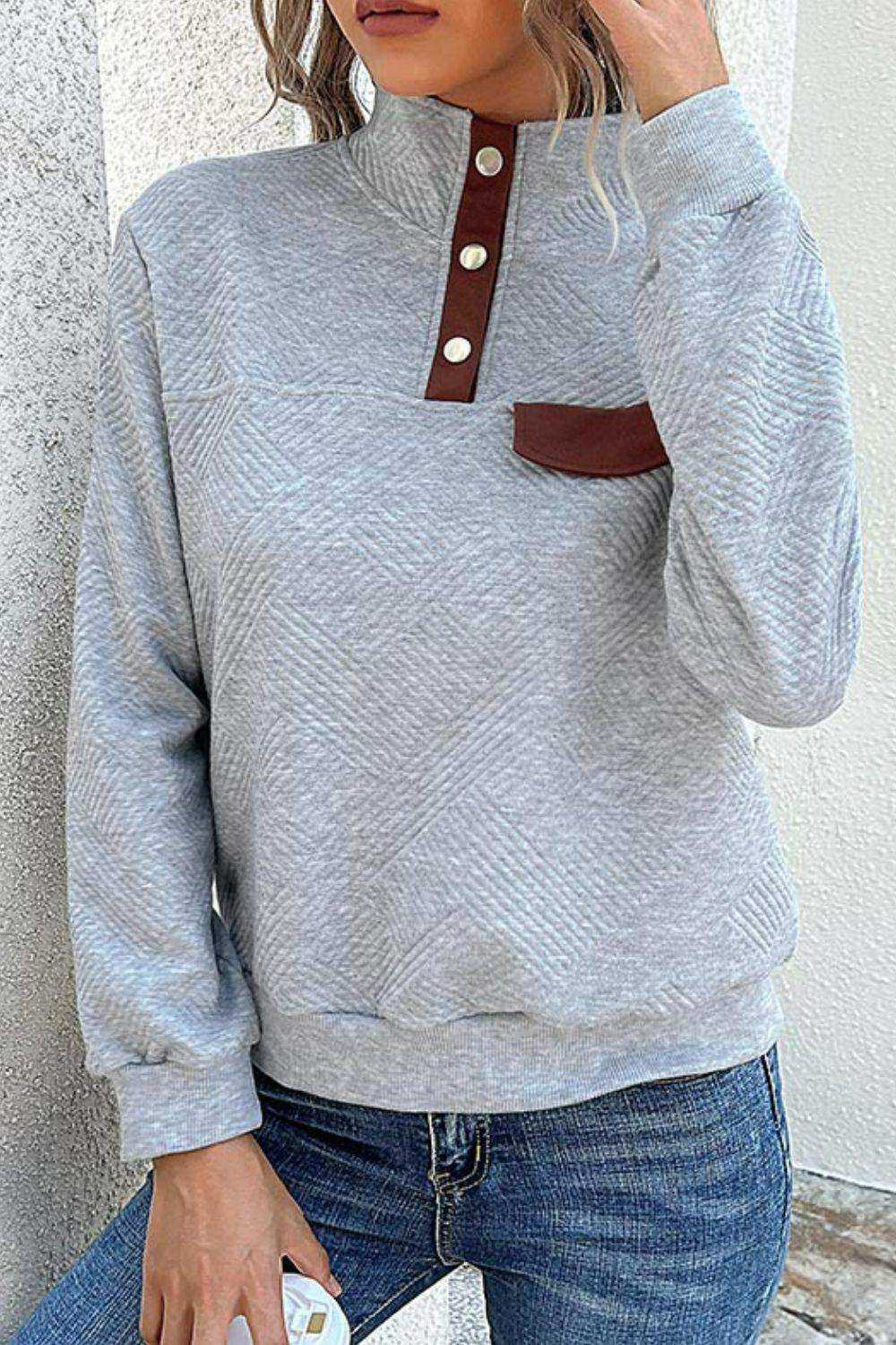Contrast Ribbed Quarter-Snap Sweatshirt - Trendsi - Flyclothing LLC
