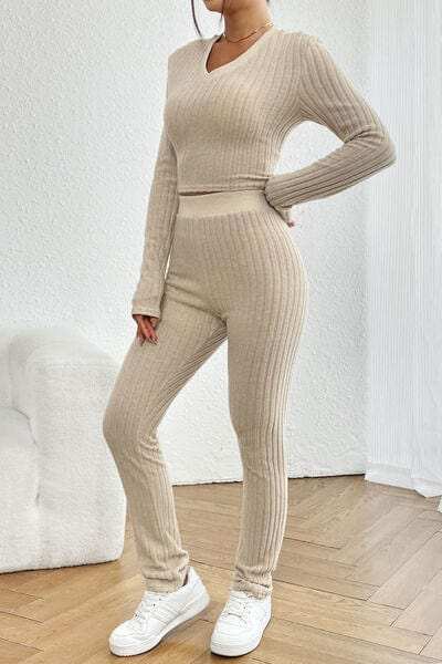 Ribbed V-Neck Long Sleeve Cropped Top and Pants Set - Trendsi - Flyclothing LLC