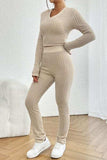 Ribbed V-Neck Long Sleeve Cropped Top and Pants Set - Trendsi - Flyclothing LLC