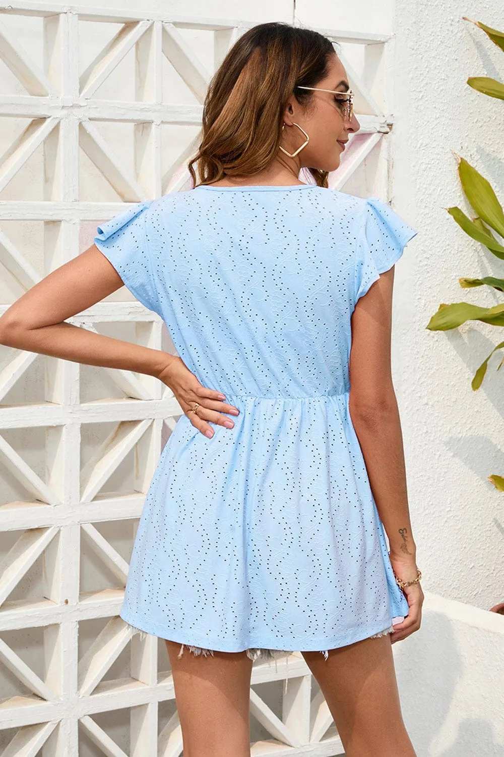 Decorative Button V-Neck Cap Sleeve Blouse - Trendsi - Flyclothing LLC