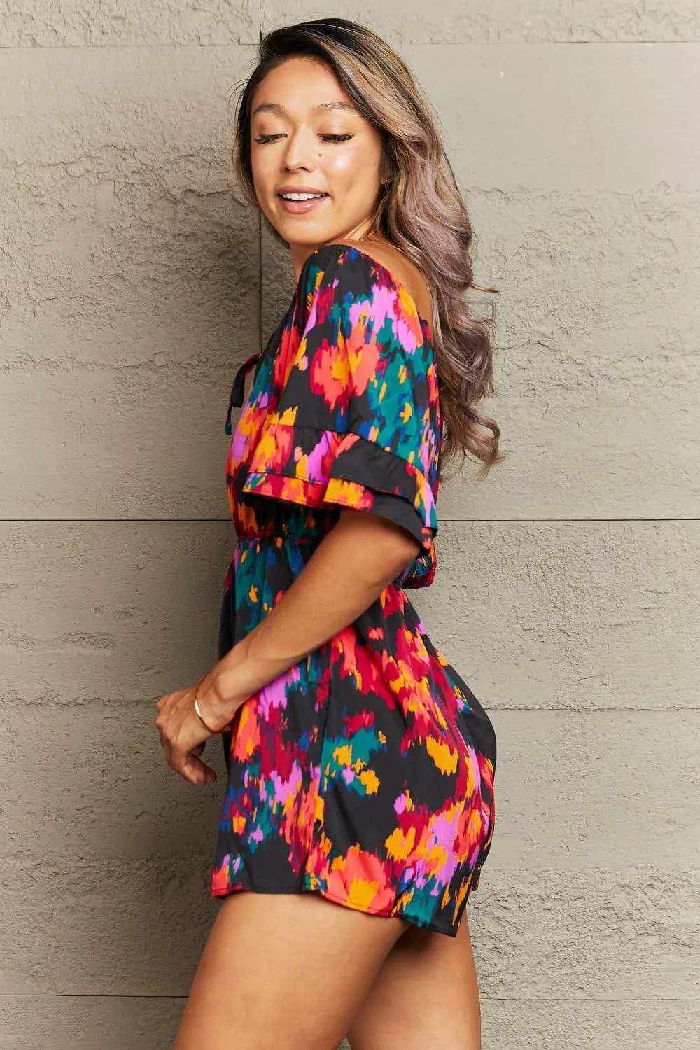 Printed Tied Flounce Sleeve Romper - Trendsi - Flyclothing LLC