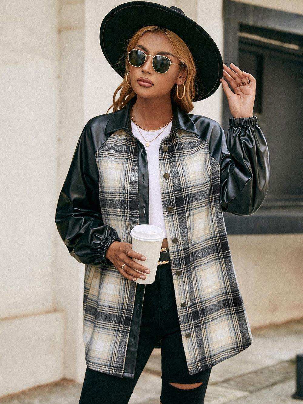 Plaid Button Down Raglan Sleeve Jacket - Trendsi - Flyclothing LLC