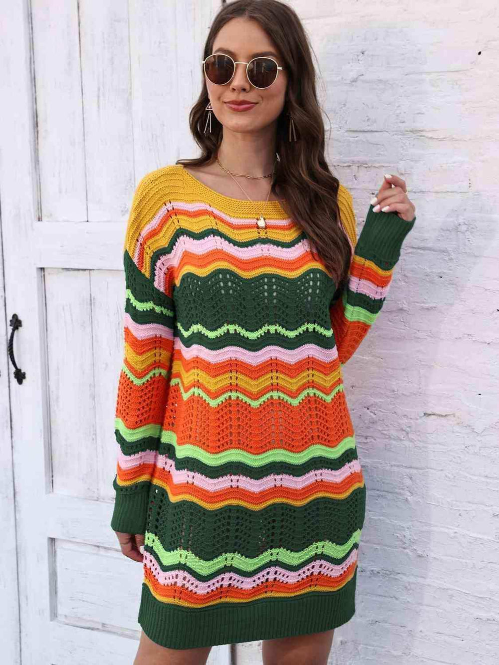 Openwork Round Neck Sweater Dress - Trendsi - Flyclothing LLC