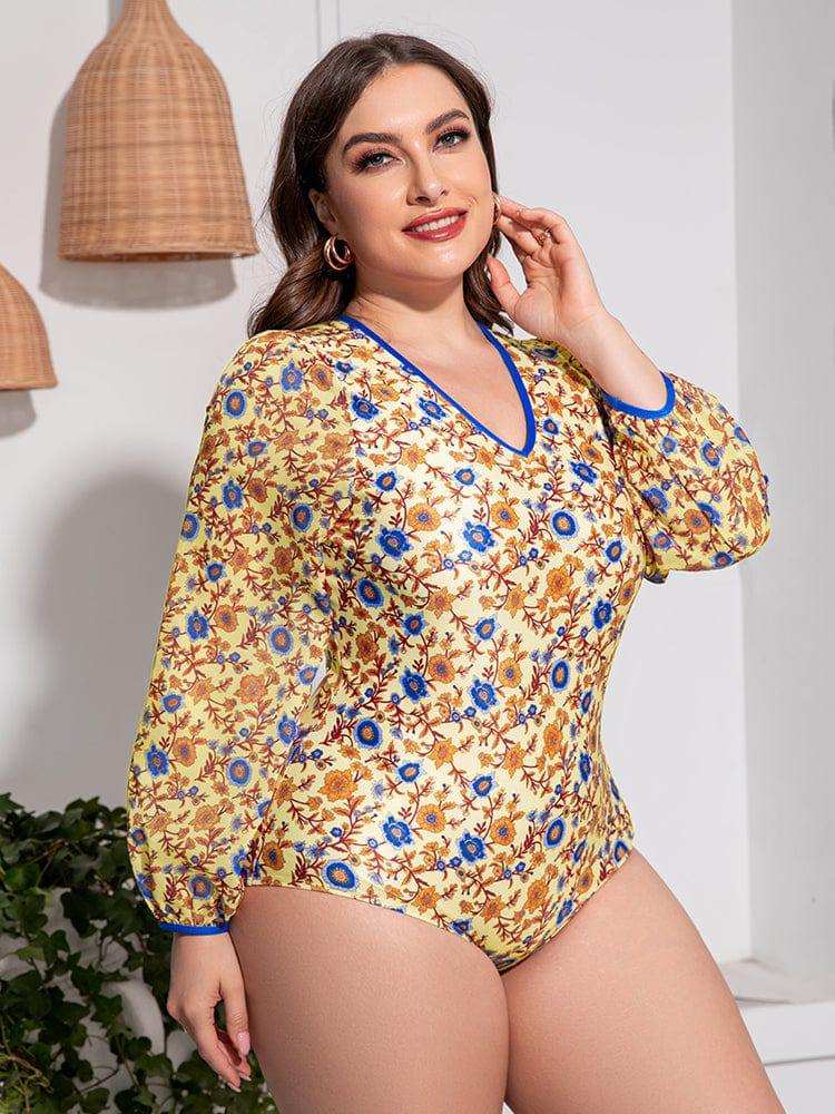 Plus Size Floral Open Back Long Sleeve One-Piece Swimsuit - Trendsi - Flyclothing LLC