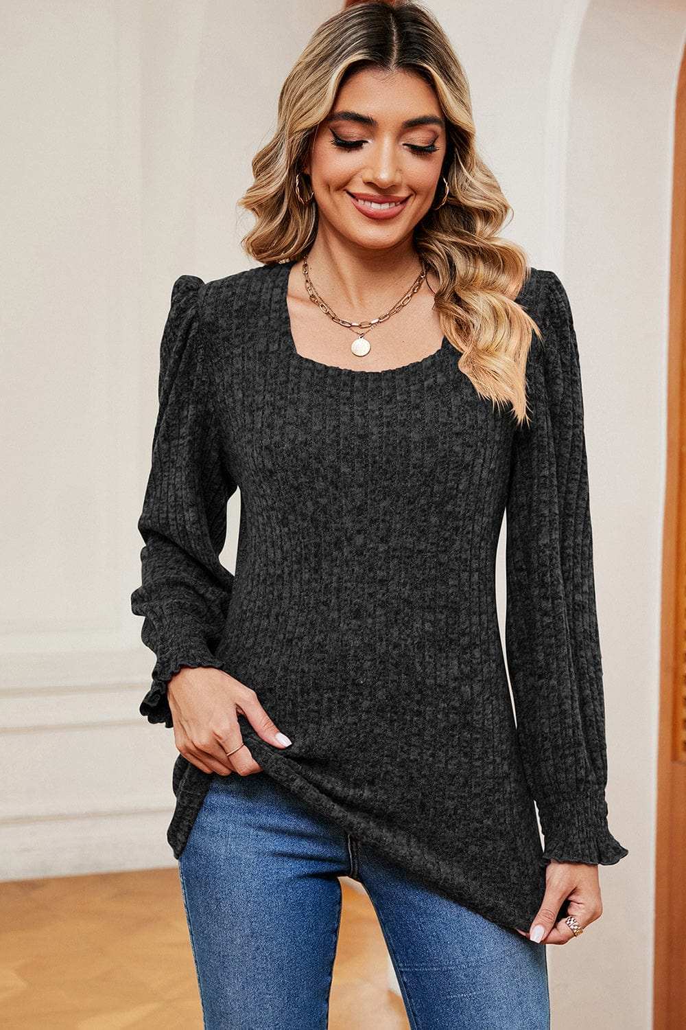 Square Neck Flounce Sleeve T-Shirt - Trendsi - Flyclothing LLC