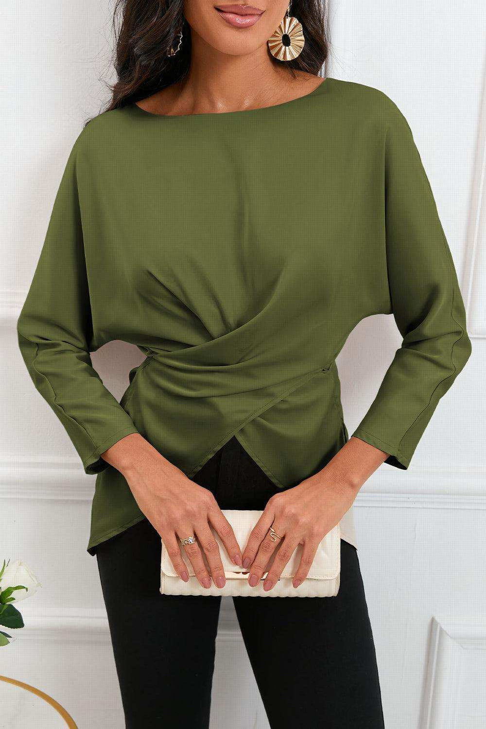 Boat Neck Back Tie Long Sleeve Satin Blouse - Trendsi - Flyclothing LLC