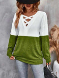 Contrast Crisscross V-Neck Long Sleeve Top - Trendsi - Flyclothing LLC