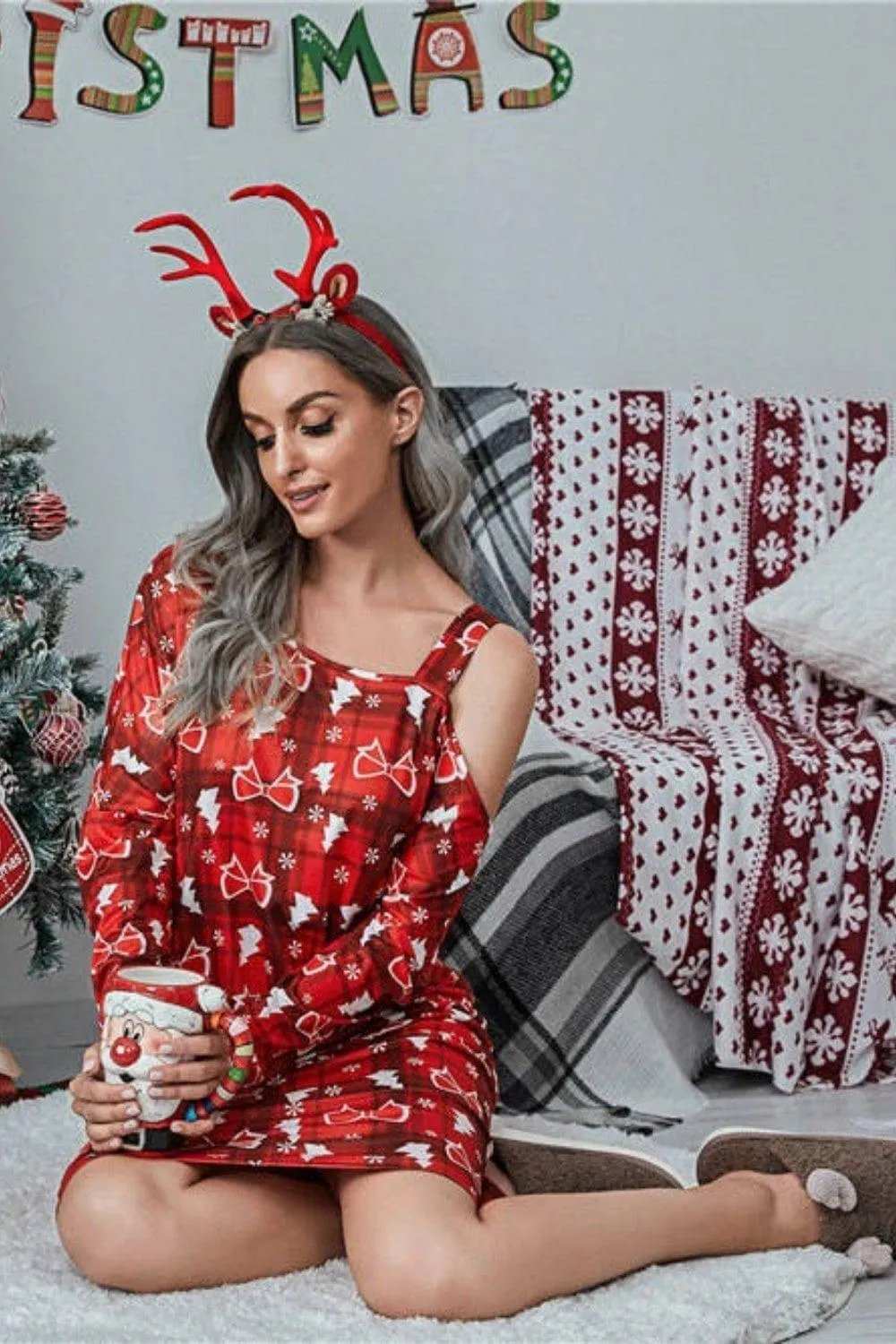 Christmas Asymmetrical Neck Long Sleeve Dress - Trendsi - Flyclothing LLC