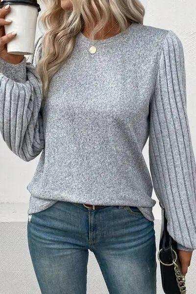 Ribbed Round Neck Long Sleeve Knit Top - Trendsi - Flyclothing LLC