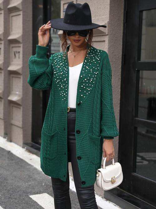 Pearl Detail Cable-Knit Button Up Cardigan - Trendsi - Flyclothing LLC
