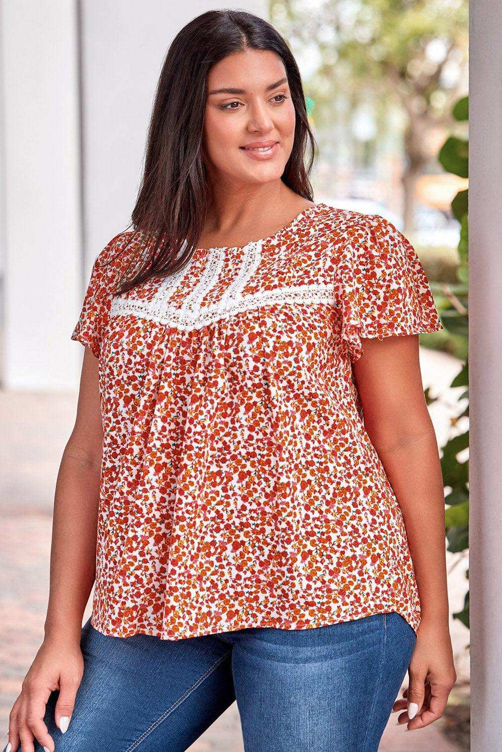 Plus Size Floral Lace Trim Round Neck Blouse - Trendsi - Flyclothing LLC