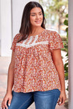 Plus Size Floral Lace Trim Round Neck Blouse - Trendsi - Flyclothing LLC
