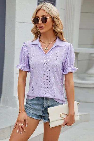 Eyelet Johnny Collar Short Sleeve Blouse - Trendsi - Flyclothing LLC