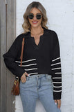 Ribbed Notched Neck Striped Long Sleeve Sweater - Trendsi - Flyclothing LLC