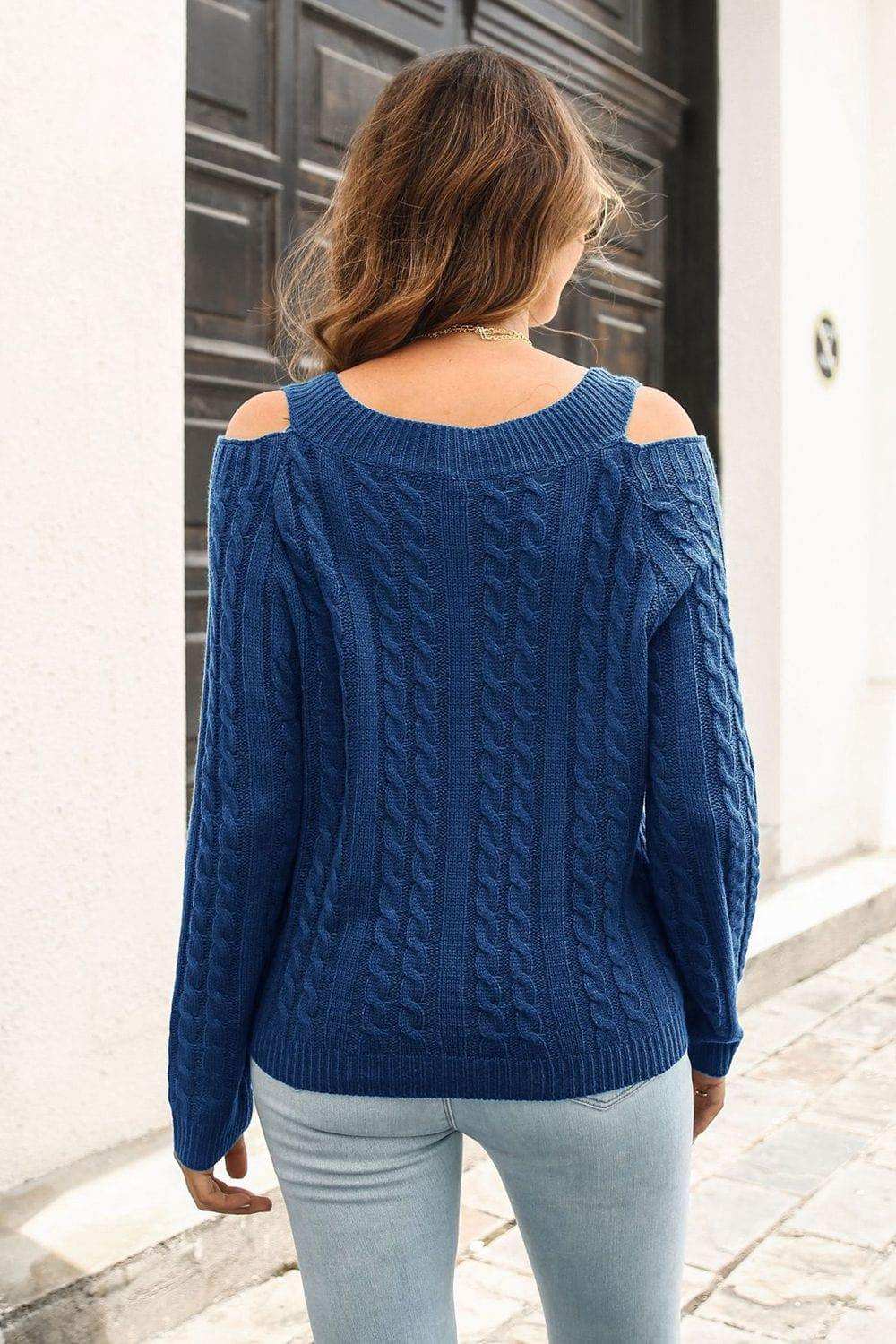 Cold Shoulder V-Neck Cable-Knit Pullover Sweater - Trendsi - Flyclothing LLC