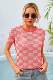 Checkered Short Sleeve Knit Top - Trendsi - Flyclothing LLC