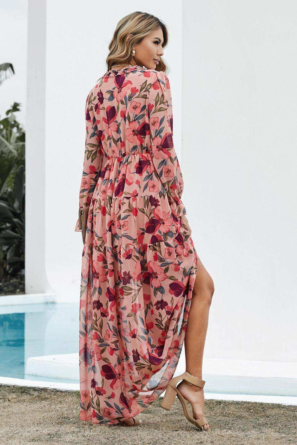 Floral Frill Trim Flounce Sleeve Plunge Maxi Dress - Trendsi - Flyclothing LLC