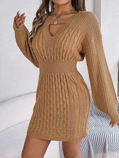 Cable-Knit Cutout Round Neck Slit Sweater - Trendsi - Flyclothing LLC