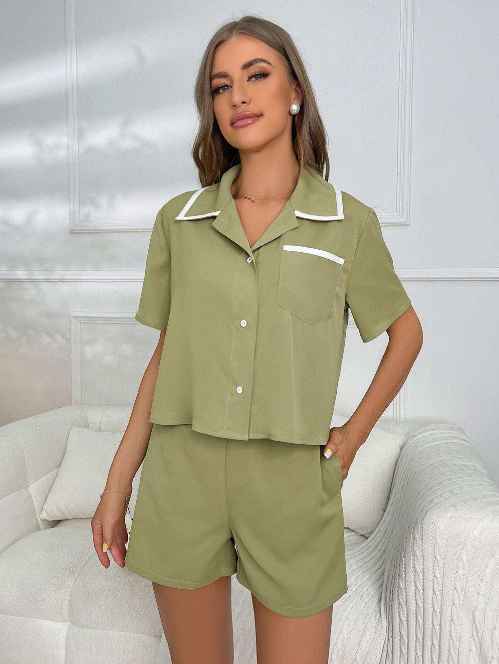 Short Sleeve Shirt and Shorts Lounge Set - Trendsi - Flyclothing LLC