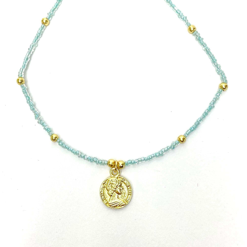 Baby blue Glass Bead Choker with Brass Coin Pendant - Asha Handicrafts - Flyclothing LLC
