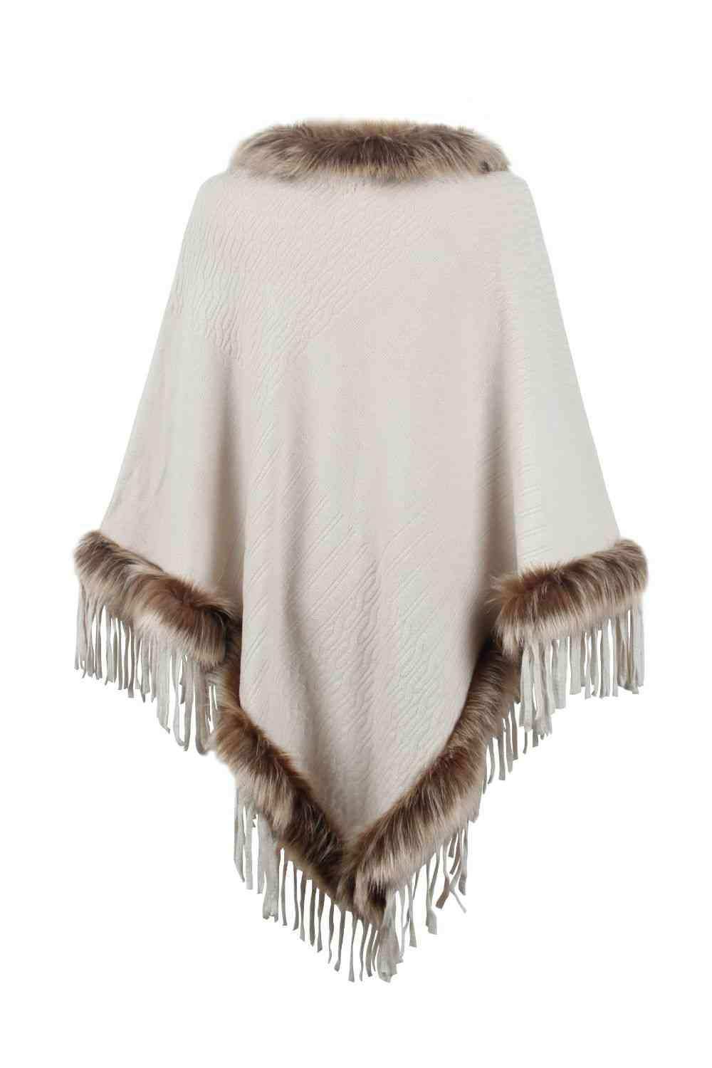Faux Fur Trim Fringed Poncho - Trendsi - Flyclothing LLC