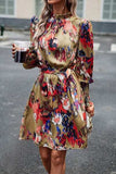 Printed Tie Waist Mock Neck Lantern Sleeve Dress - Trendsi - Flyclothing LLC