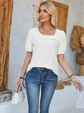 Eyelet Asymmetrical Neck Short Sleeve T-Shirt - Trendsi - Flyclothing LLC