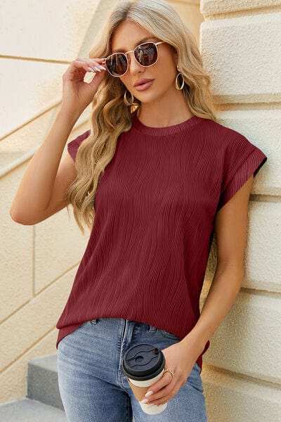 Round Neck Cap Sleeve T-Shirt - Trendsi - Flyclothing LLC