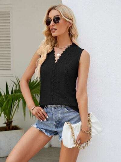 Eyelet Lace Detail V-Neck Tank - Trendsi - Flyclothing LLC