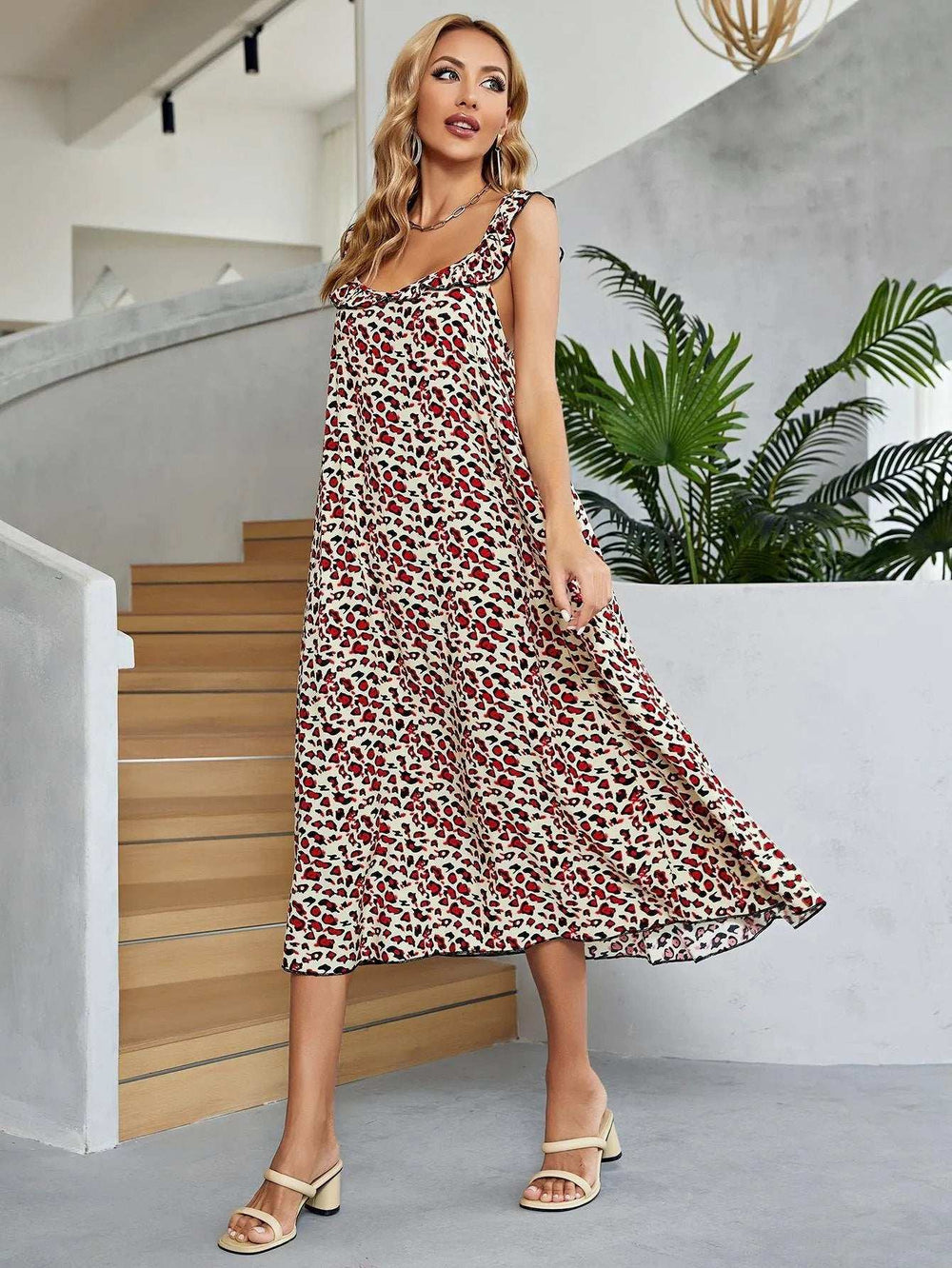 Printed Ruffled Sleeveless Midi Dress - Trendsi - Flyclothing LLC
