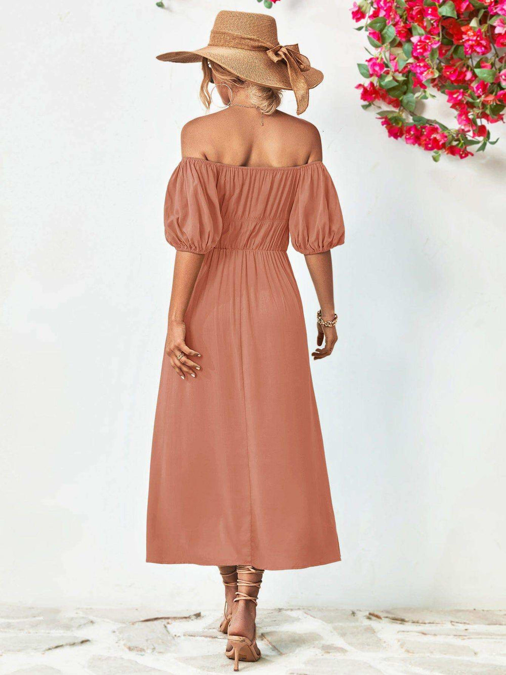 Off-Shoulder Balloon Sleeve Midi Dress - Trendsi - Flyclothing LLC