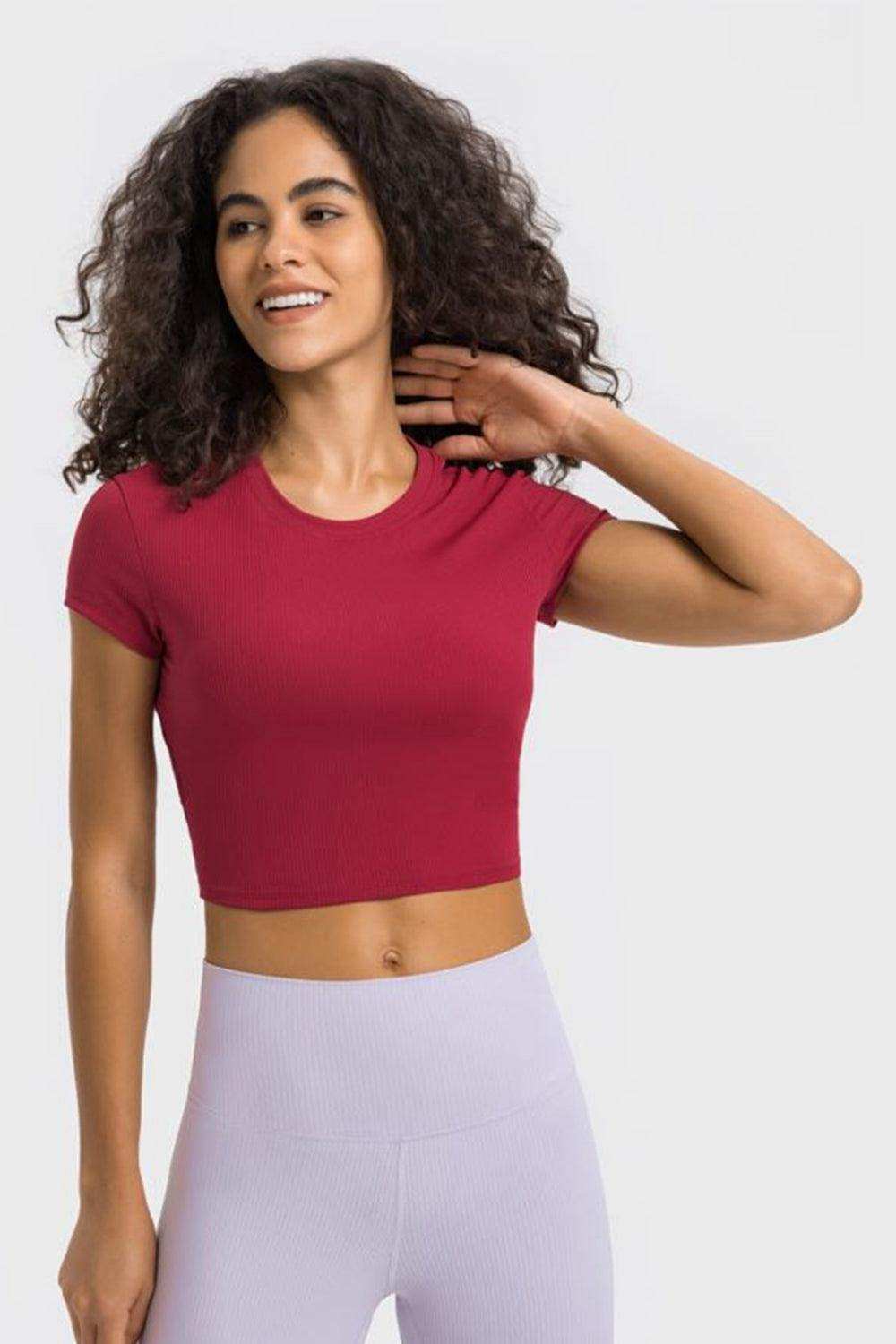 Round Neck Short Sleeve Cropped Sports T-Shirt - Trendsi - Flyclothing LLC
