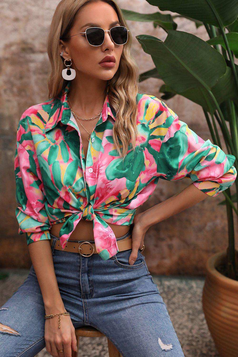 Floral Print Collared Neck Long Sleeve Shirt - Trendsi - Flyclothing LLC