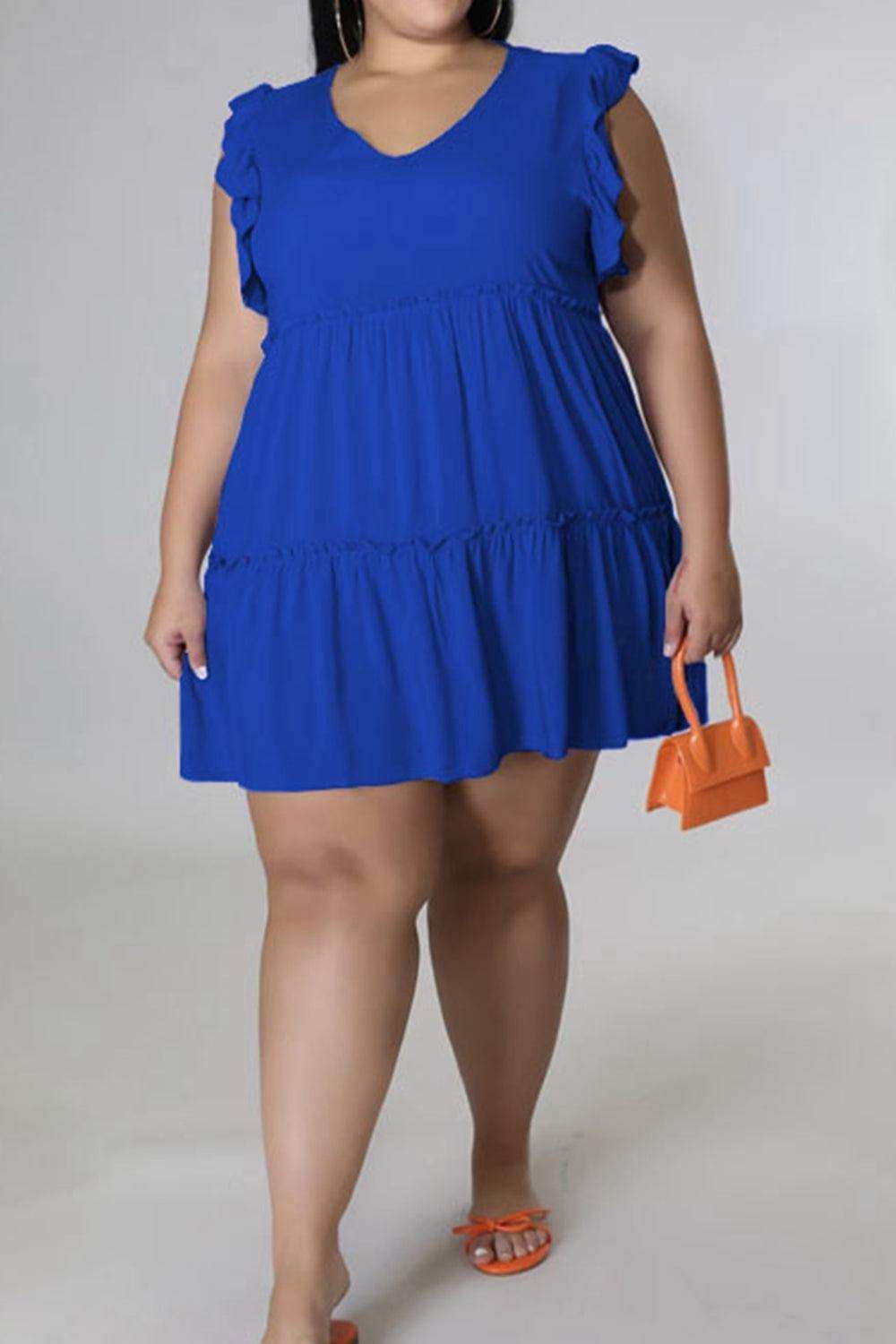 Plus Size V-Neck Frill Trim Mini Dress - Trendsi - Flyclothing LLC