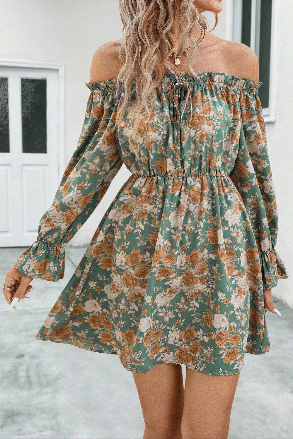 Floral Off-Shoulder Flounce Sleeve Dress - Trendsi - Flyclothing LLC