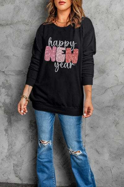 HAPPY NEW YEAR Round Neck Sweatshirt - Trendsi - Flyclothing LLC