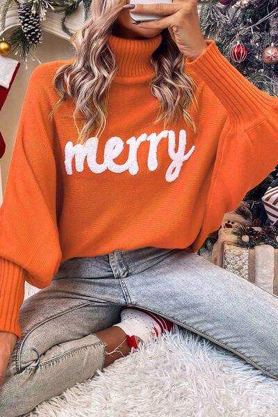 Merry Letter Embroidered High Neck Sweater - Trendsi - Flyclothing LLC