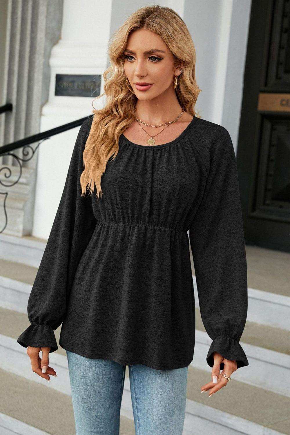 Round Neck Flounce Sleeve Blouse - Trendsi - Flyclothing LLC