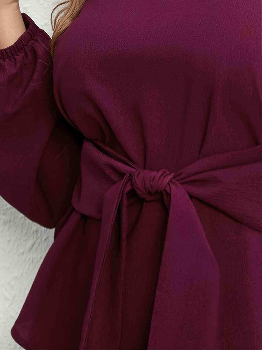 Plus Size Tie Front Long Sleeve Blouse - Trendsi - Flyclothing LLC