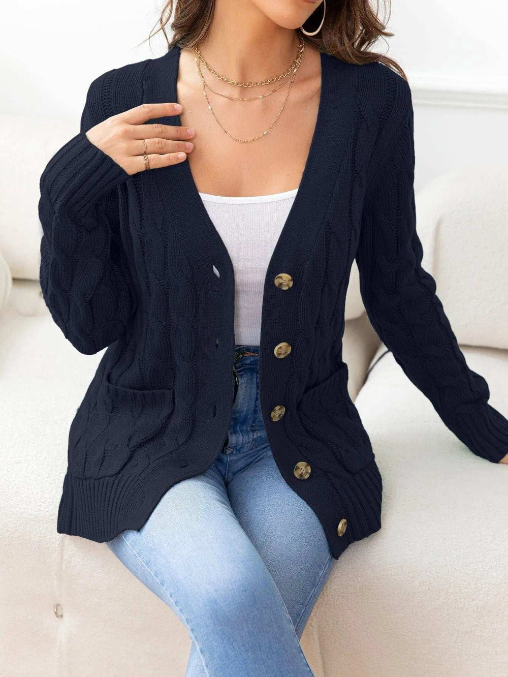 Button Down Cable-Knit Cardigan - Trendsi - Flyclothing LLC