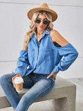 Cold Shoulder Pocketed Button Up Denim Jacket - Trendsi - Flyclothing LLC