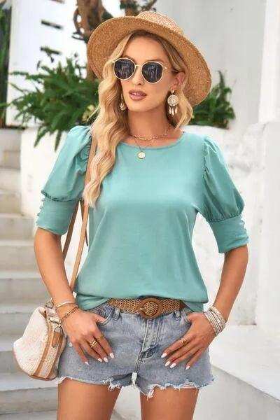 Round Neck Lantern Sleeve Blouse - Trendsi - Flyclothing LLC