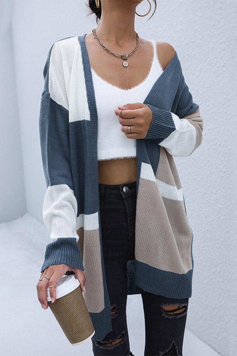 Color Block Dropped Shoulder Cardigan - Trendsi - Flyclothing LLC