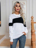 Color Block Cable-Knit Round Neck Sweater - Trendsi - Flyclothing LLC