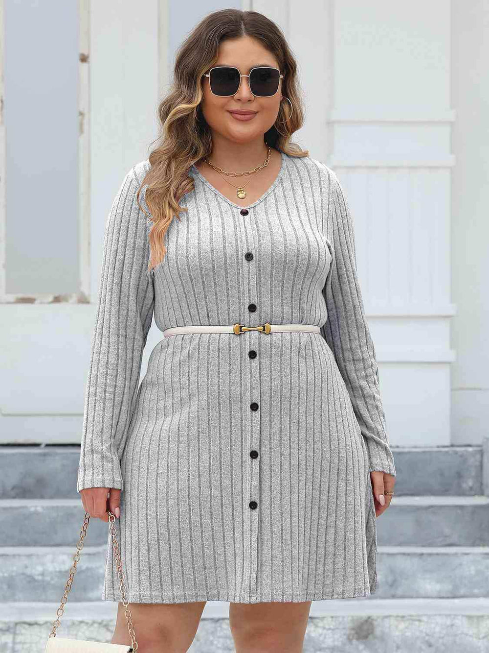 Plus Size Ribbed Buttoned V-Neck Long Sleeve Dress - Trendsi - Flyclothing LLC