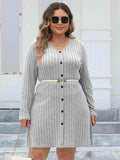 Plus Size Ribbed Buttoned V-Neck Long Sleeve Dress - Trendsi - Flyclothing LLC