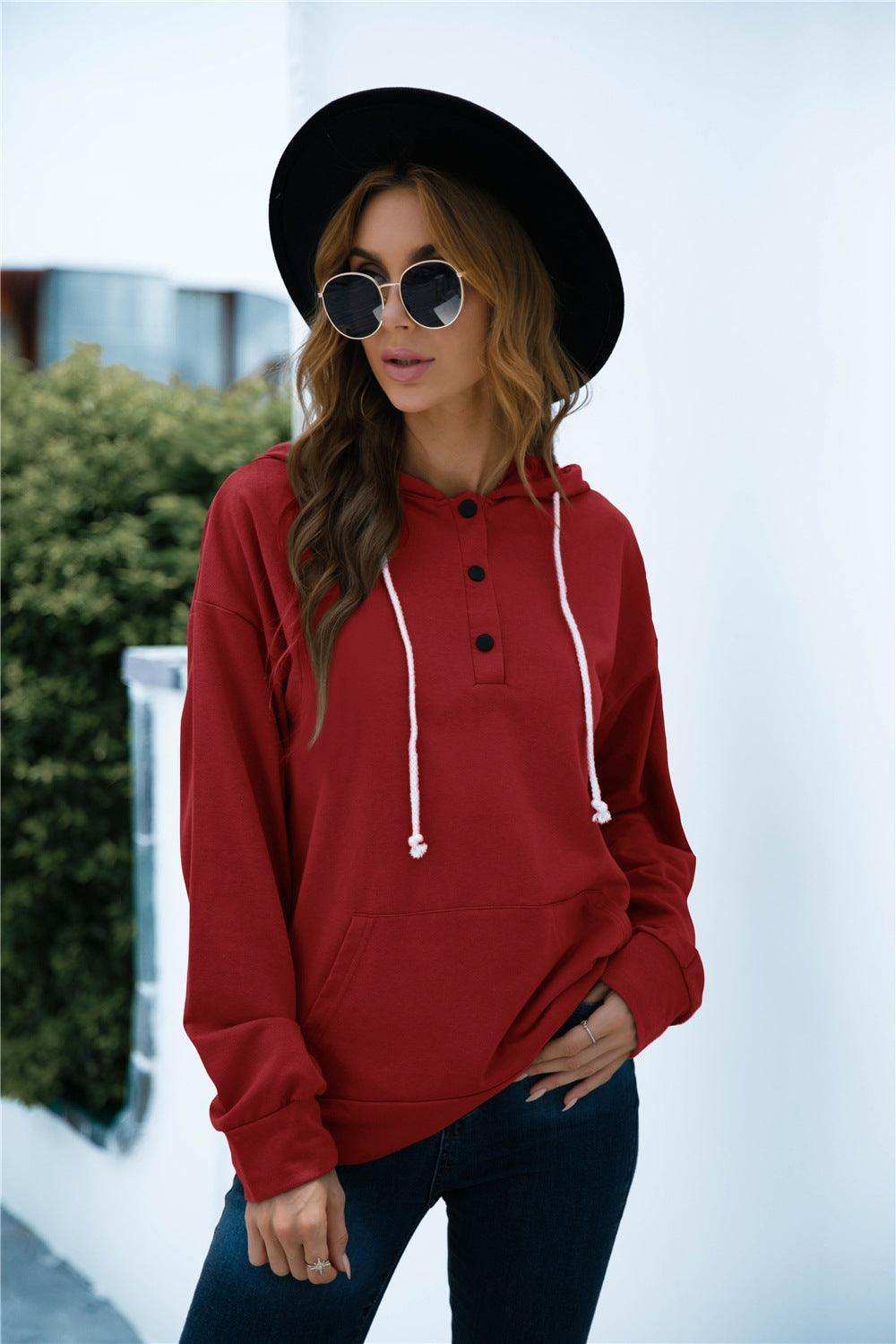 Quarter Snap Drawstring Hoodie with Kangaroo Pocket - Trendsi - Flyclothing LLC