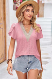 Eyelet V-Neck Petal Sleeve T-Shirt - Trendsi - Flyclothing LLC