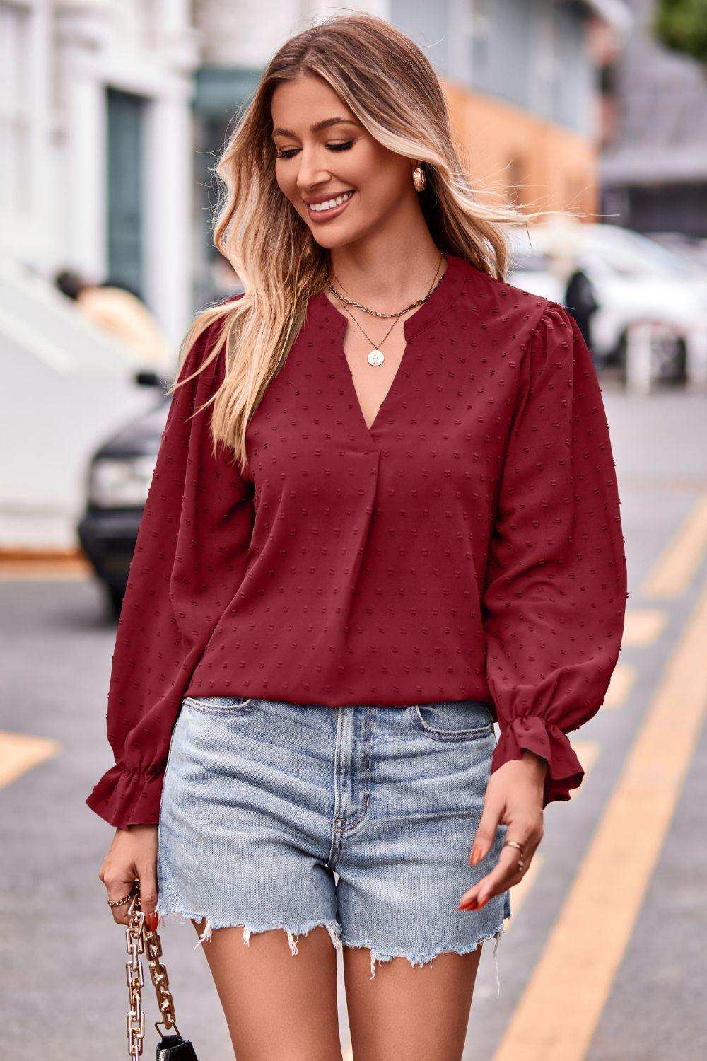 Swiss Dot Notched Neck Flounce Sleeve Blouse - Trendsi - Flyclothing LLC