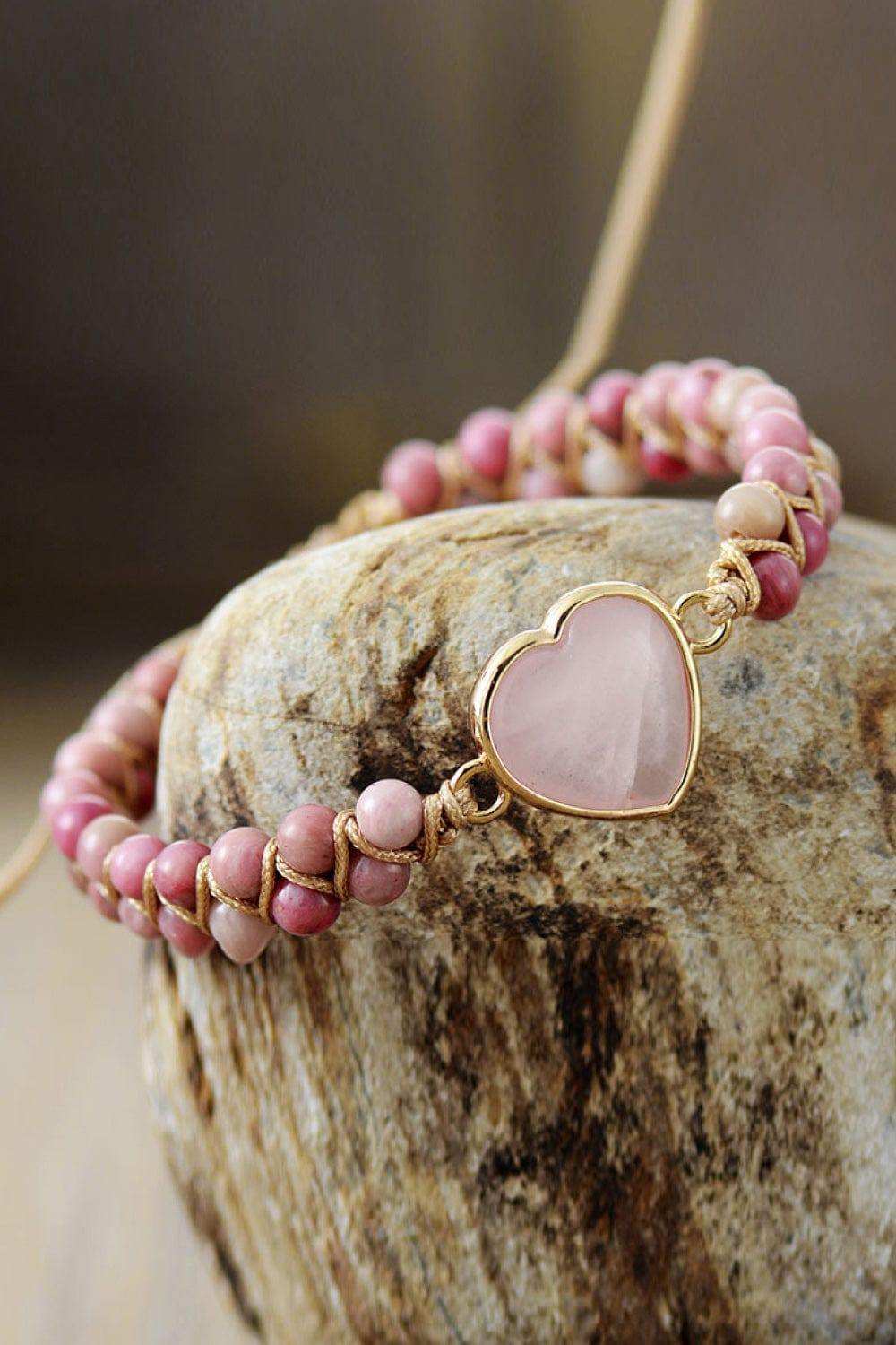 Rose Quartz Heart Beaded Bracelet - Trendsi - Flyclothing LLC